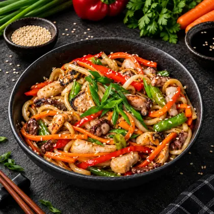 Удон с курицей и овощами